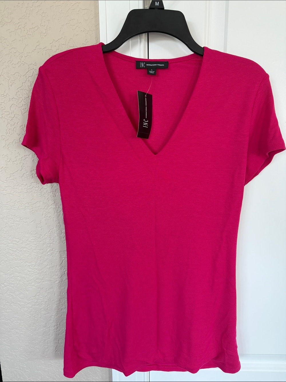 INC International Concepts Bright Fuchsia V-Neck Short Sleeve Top
